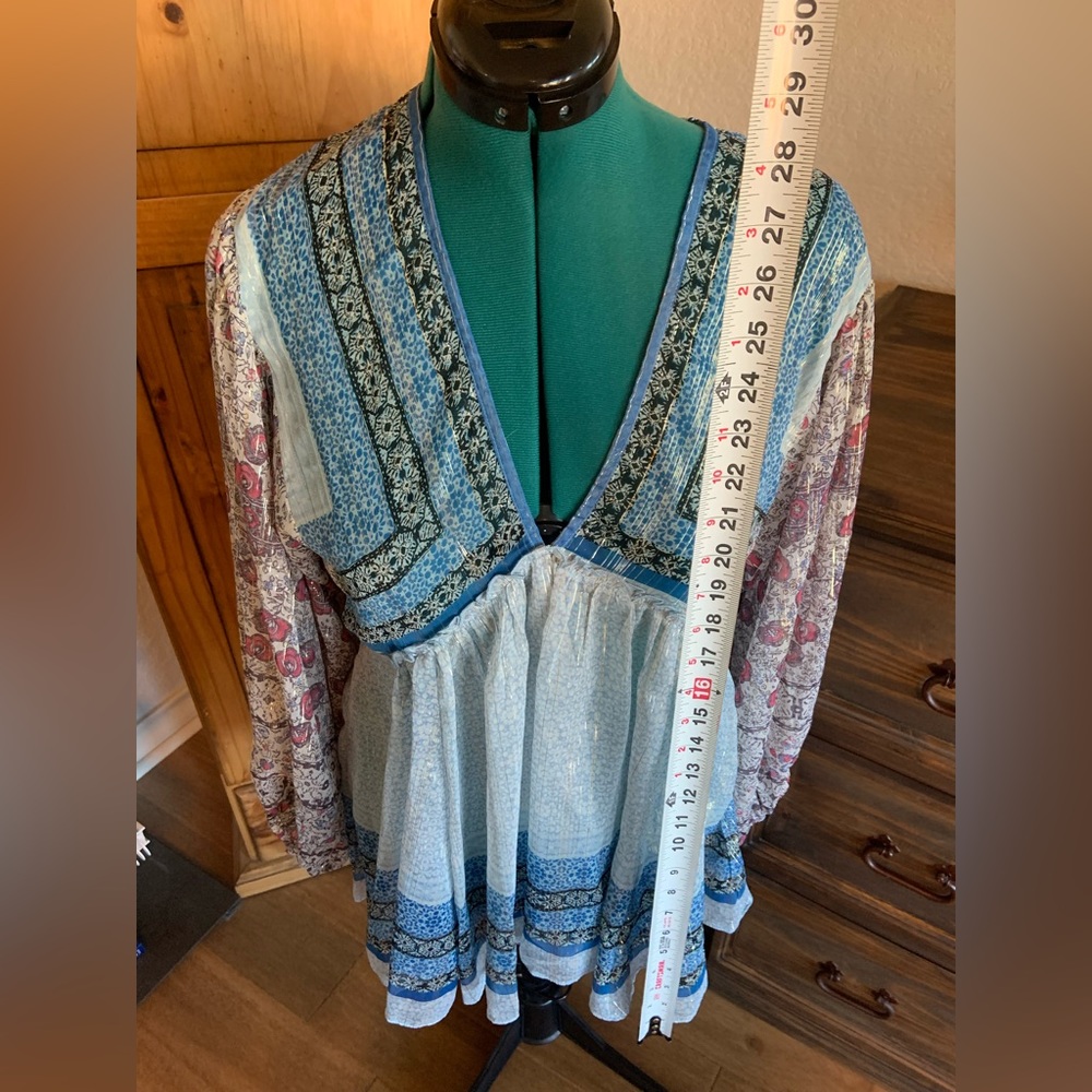 Sheer blue/metallic gold Free People tunic/top